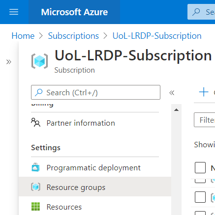 Screenshot showing the Resource Groups blade within the Azure subscription page of the Azure Portal