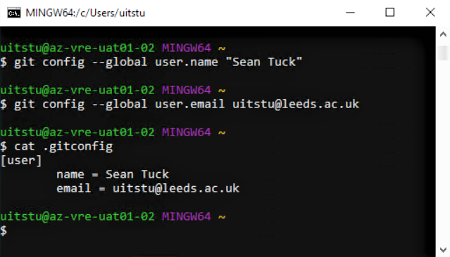 Screenshot of git bash illustrating how to set global config for user name and user email