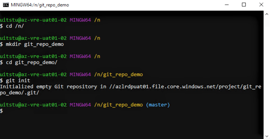 Screenshot of git bash illustrating how to initialise a git repo in the VRE shared storage