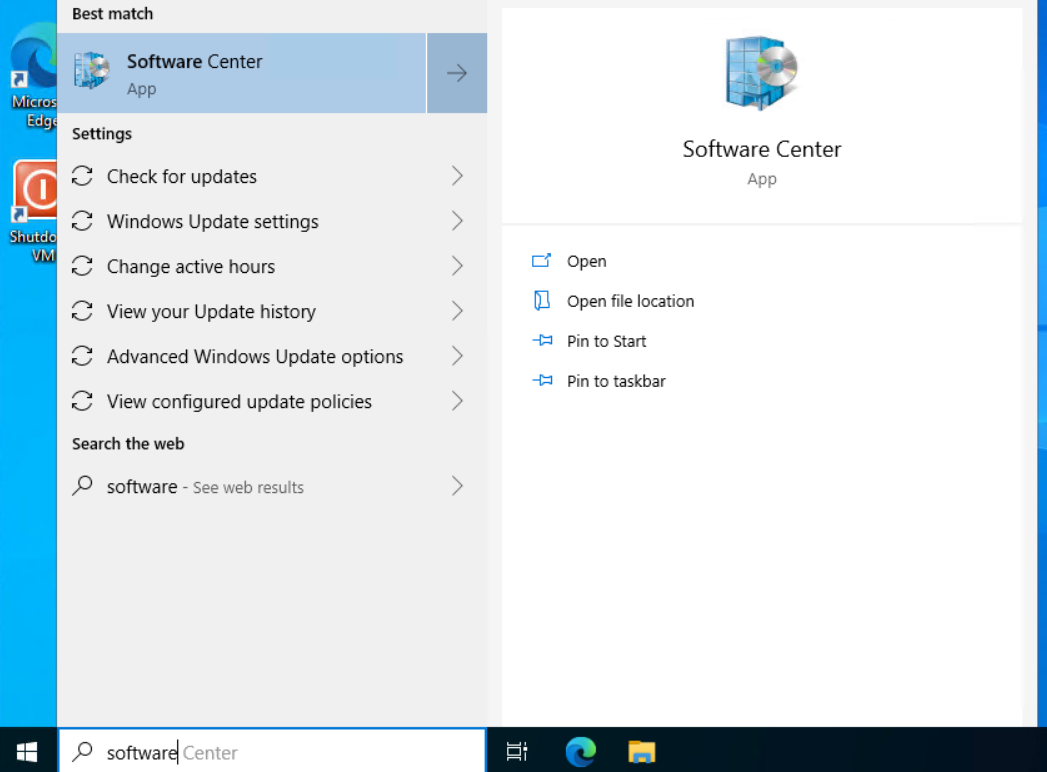 Screenshot showing how to find Software Center from the search pane on the Windows taskbar