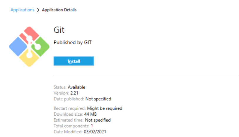 Screenshot showing the git software details and Install button in Software Center