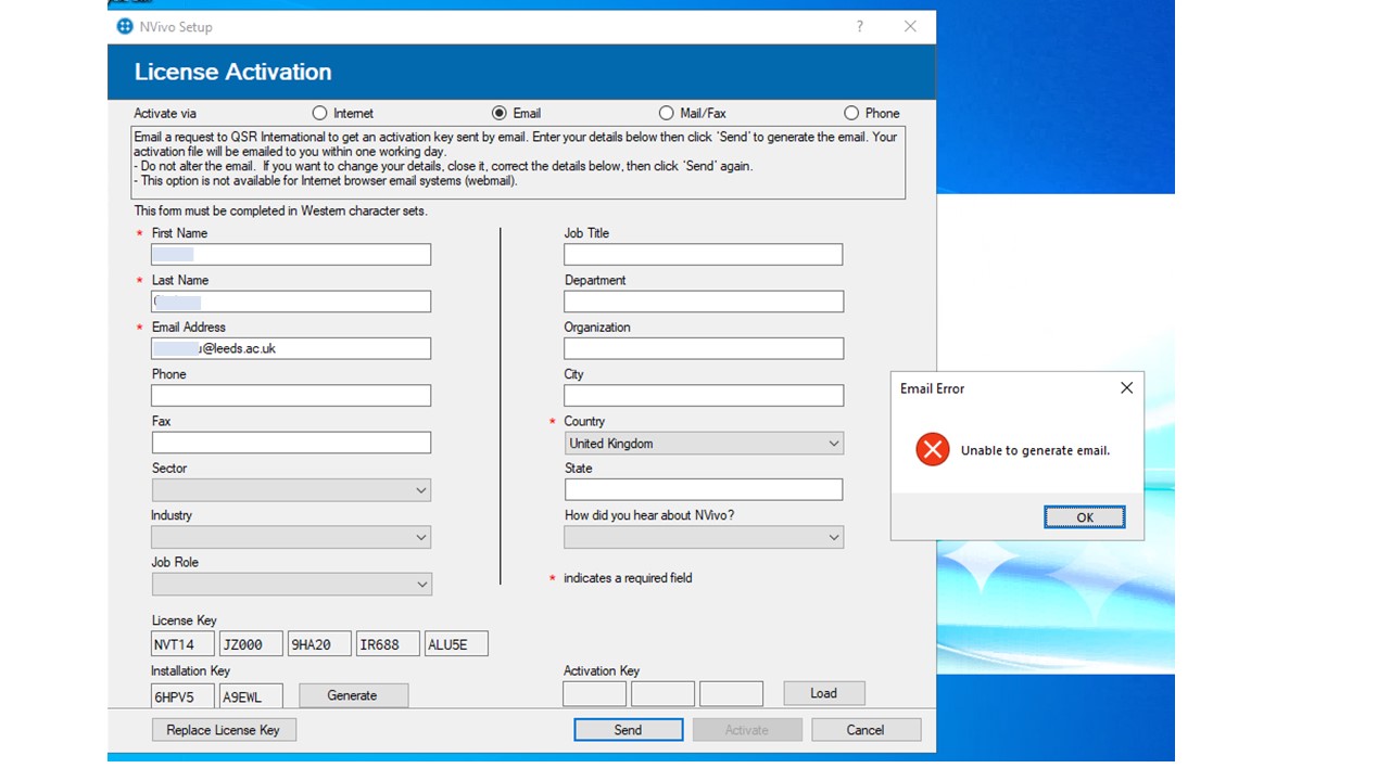 Screenshot of the NVivo License Activation window using the Email radio button option 