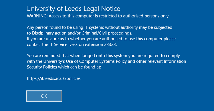 Screenshot of the University of Leeds legal notice at login