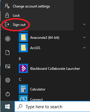 Screenshot of the Sign Out button on the Windows start menu