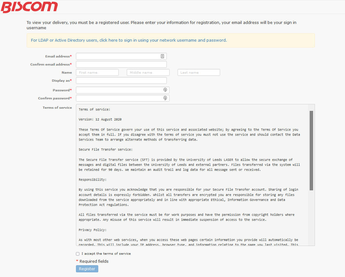 Biscom registration page