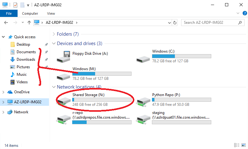 Screenshot highlighting the different the VRE Shared Storage N drive, and the VM local storage M drive