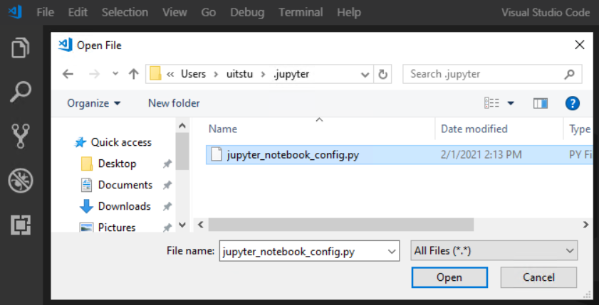 Screenshot of the Open File popup in VS Code