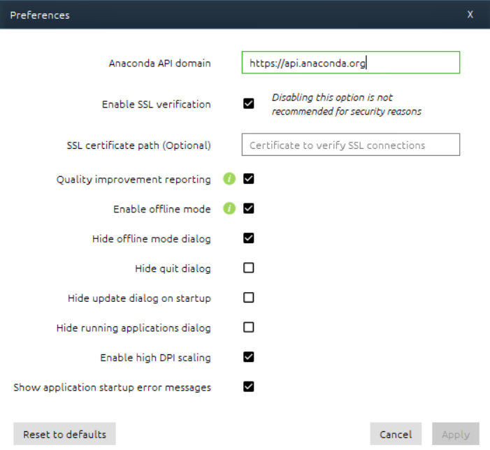 Screenshot showing the option to Enable offline mode in Anaconda preferences