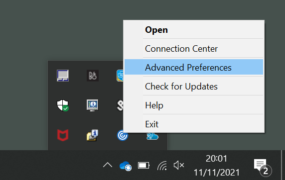 Screenshot showing the Advanced Preferences option after right clicking on the Citrix icon of the Windows taskbar