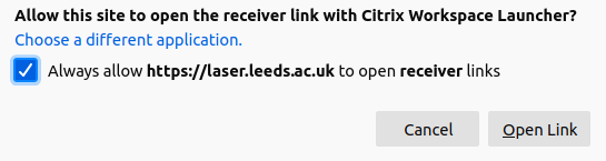 Screenshot of the popup prompting the user to allow an open receiver, with the tickbox checked