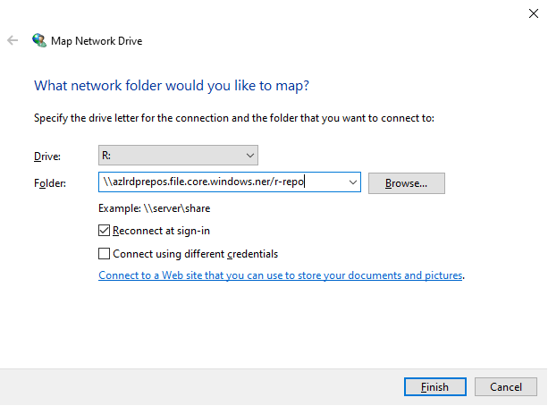 Screenshot showing the options to select in the Map Network Driver wizard