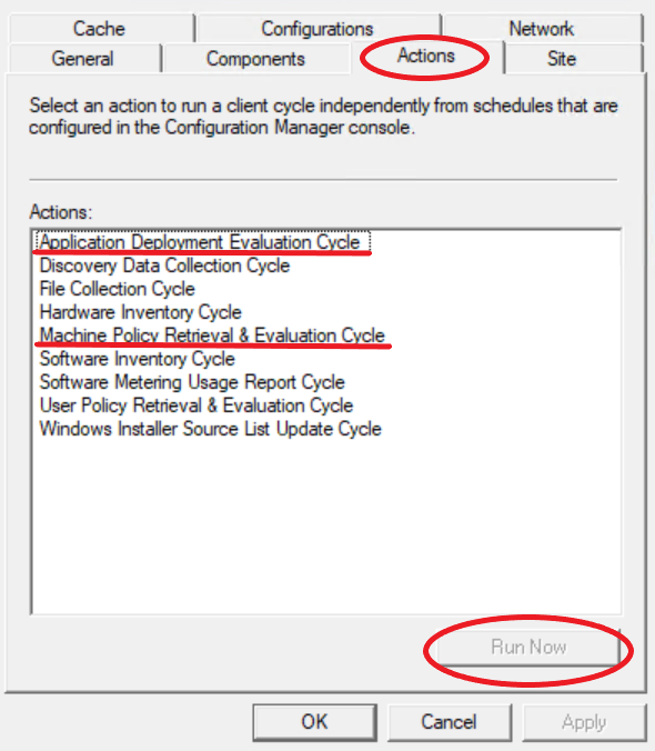 Screenshot highlighting the two actions to select on the Configuration Manager Actions tab. These are the Application Deployment Evaluation Cycle and the Machine Policy Retrieval actions