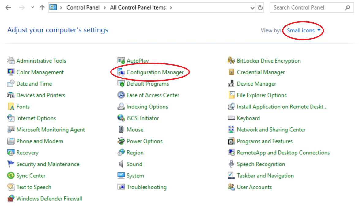 Screenshot highlighting the Configuration Manager button in Windows Control Panel