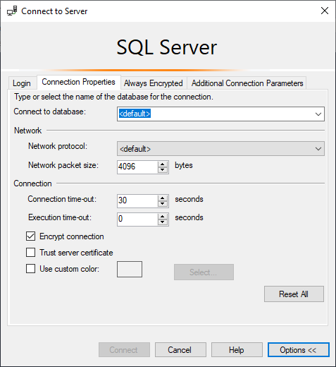 Screenshot of the SSMS connection properties tab in the connection window options