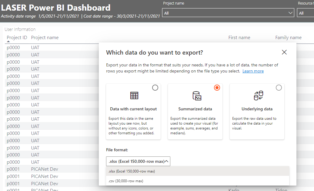 Export Data Window