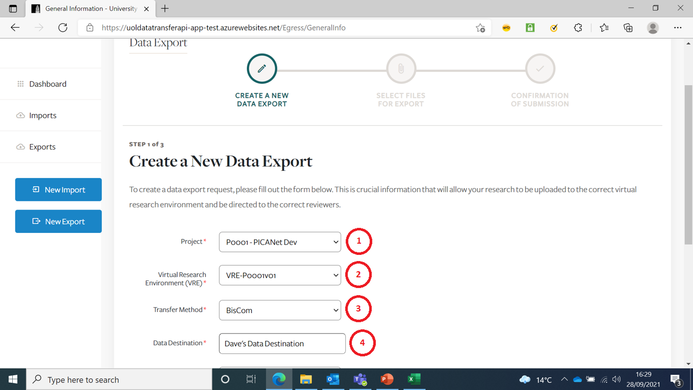 Create New Export Job top